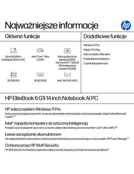 Notebook hp elitebook 6 g1i 14 a 14"wuxga/ultra 5 225h/16gb/ssd512gb/arc 130t/11pr pike silver 3y