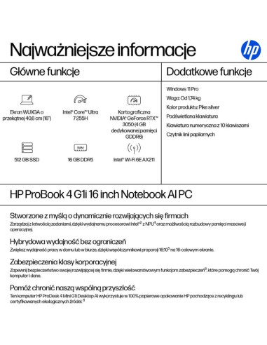 Notebook hp probook 4 g1i 16"wuxga/ultra 7 255h/16gb/ssd512gb/arc/11pr pike silver 3y