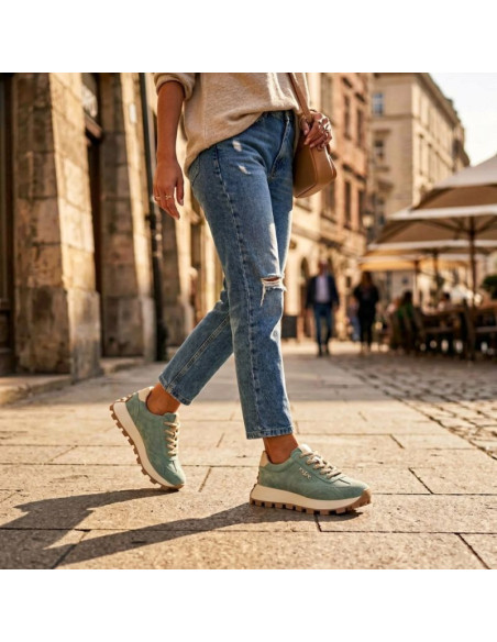Skórzane półbuty sneakersy na platformie zielone filippo dp7498