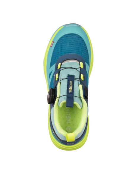 Buty trollkids trollfjord hiker low xt waterproof niebieski portowy/wiosenny liść/mgła akwamarynowa