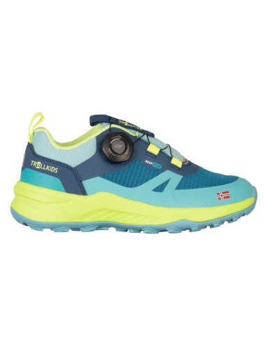 Buty trollkids trollfjord hiker low xt waterproof niebieski portowy/wiosenny liść/mgła akwamarynowa