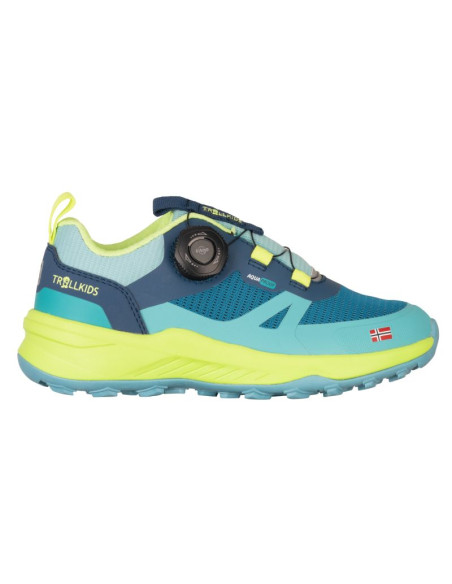 Buty trollkids trollfjord hiker low xt waterproof niebieski portowy/wiosenny liść/mgła akwamarynowa