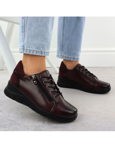 Skórzane półbuty damskie na koturnie bordowe vinceza 39964