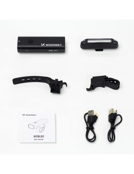 Zestaw lampek rowerowych wozinsky wsblb2 przednia (400 lm) usb-c i tylna usb micro - czarny