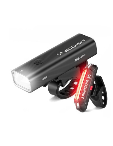 Zestaw lampek rowerowych wozinsky wsblb2 przednia (400 lm) usb-c i tylna usb micro - czarny