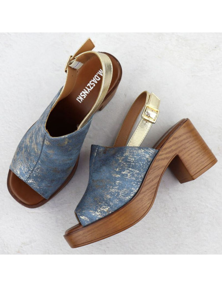 Sandały damskie na słupku jeansowe pozłacane m.daszyński mr23126-7
