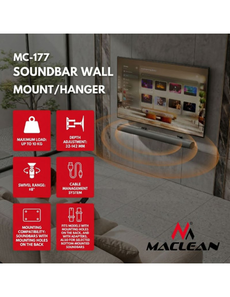 Maclean uchwyt ścienny na soundbar, reg. kąta +8°~-8°, max. obciążenie 10kg, wyk. ze stali mc-177