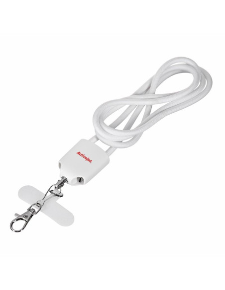 Activejet smycz z przewodem do ładowania 3w1 biała. końcówki z różnymi złączami: usb-c, adapter lightning, usb-a.