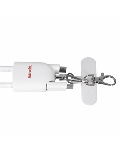 Activejet smycz z przewodem do ładowania 3w1 biała. końcówki z różnymi złączami: usb-c, adapter lightning, usb-a.