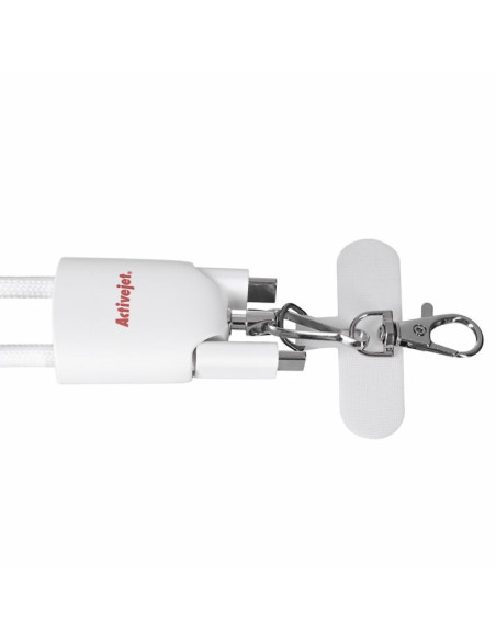 Activejet smycz z przewodem do ładowania 3w1 biała. końcówki z różnymi złączami: usb-c, adapter lightning, usb-a.
