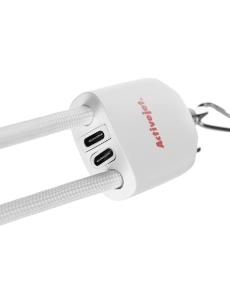Activejet smycz z przewodem do ładowania 3w1 biała. końcówki z różnymi złączami: usb-c, adapter lightning, usb-a.