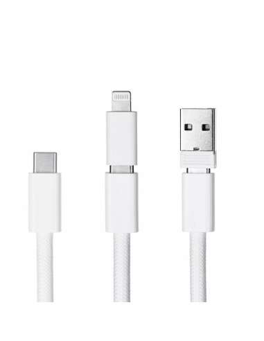 Activejet smycz z przewodem do ładowania 3w1 biała. końcówki z różnymi złączami: usb-c, adapter lightning, usb-a.