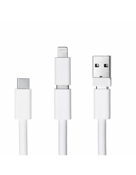 Activejet smycz z przewodem do ładowania 3w1 biała. końcówki z różnymi złączami: usb-c, adapter lightning, usb-a.