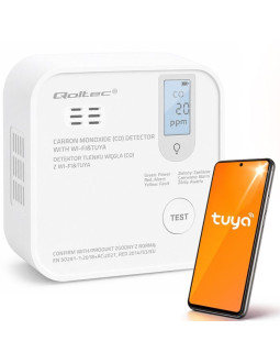 Qoltec certyfikowany bezprzewodowy czujnik tlenku węgla (czadu) z baterią | detektor co | tuya | wi-fi | żywotność sensora 10 la