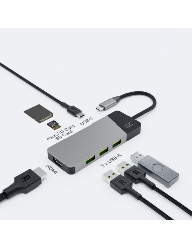 Green cell hub usb-c adapter gc connect 7w1 (3xusb 3.1, hdmi 4k 60hz, usb-c pd 85w, microsd/sd)