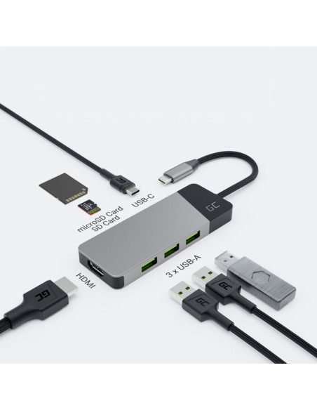Green cell hub usb-c adapter gc connect 7w1 (3xusb 3.1, hdmi 4k 60hz, usb-c pd 85w, microsd/sd)