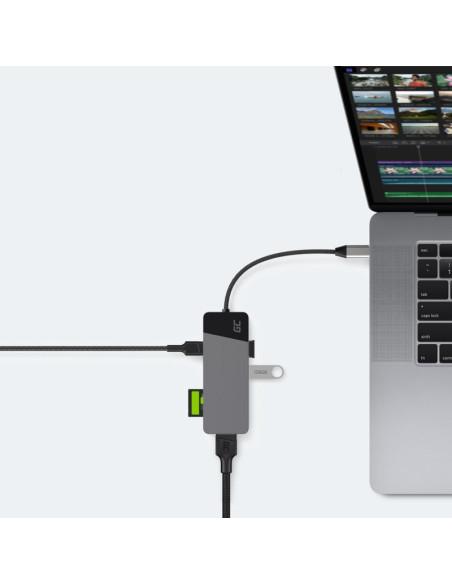 Green cell hub usb-c adapter gc connect 7w1 (3xusb 3.1, hdmi 4k 60hz, usb-c pd 85w, microsd/sd)