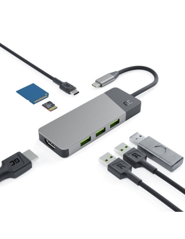 Green cell hub usb-c adapter gc connect 7w1 (3xusb 3.1, hdmi 4k 60hz, usb-c pd 85w, microsd/sd)