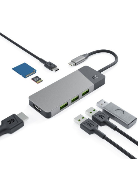 Green cell hub usb-c adapter gc connect 7w1 (3xusb 3.1, hdmi 4k 60hz, usb-c pd 85w, microsd/sd)