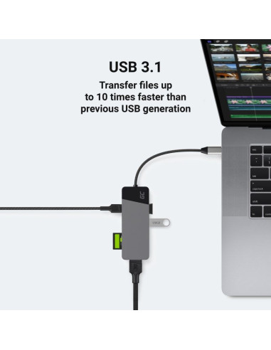 Green cell hub usb-c adapter gc connect 7w1 (3xusb 3.1, hdmi 4k 60hz, usb-c pd 85w, microsd/sd)