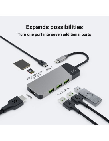 Green cell hub usb-c adapter gc connect 7w1 (3xusb 3.1, hdmi 4k 60hz, usb-c pd 85w, microsd/sd)