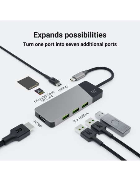 Green cell hub usb-c adapter gc connect 7w1 (3xusb 3.1, hdmi 4k 60hz, usb-c pd 85w, microsd/sd)