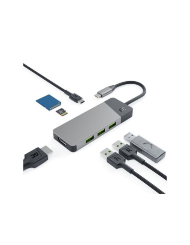 Green cell hub usb-c adapter gc connect 7w1 (3xusb 3.1, hdmi 4k 60hz, usb-c pd 85w, microsd/sd)