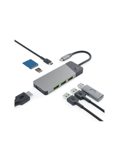 Green cell hub usb-c adapter gc connect 7w1 (3xusb 3.1, hdmi 4k 60hz, usb-c pd 85w, microsd/sd)