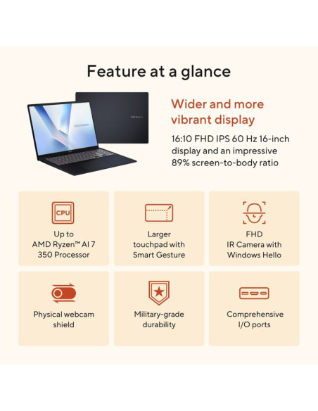 Asus vivobook 16 m1607ka-mb164w ryzen ai 5 330 16.0"wuxga ips-level panel 60hz 300nits ag 16gb ddr5 ssd512 radeon graphics wlan+