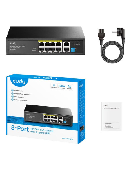 Switch cudy fs1010pg 8-port 10/100m poe+ 120w 2xgbe uplink