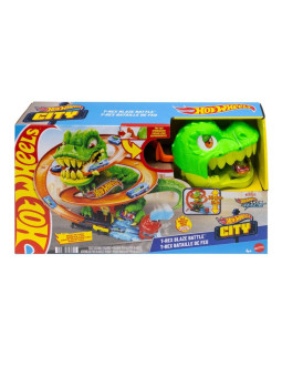 Hot wheels city zakręcony tor remiza t-rexa jbm73 mattel 2