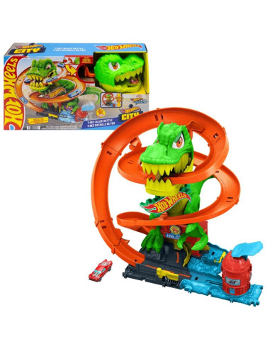 Hot wheels city zakręcony tor remiza t-rexa jbm73 mattel