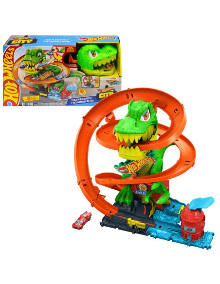 Hot wheels city zakręcony tor remiza t-rexa jbm73 mattel