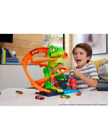 Hot wheels city zakręcony tor remiza t-rexa jbm73 mattel