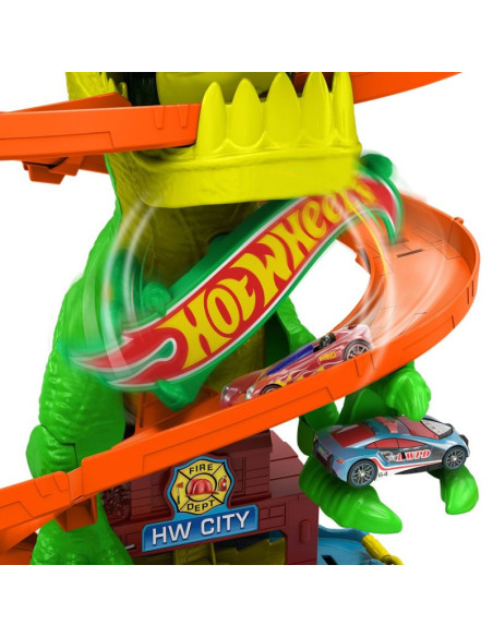 Hot wheels city zakręcony tor remiza t-rexa jbm73 mattel