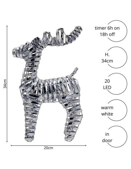 Dekoracja renifer 34 cm 20 led srebrny