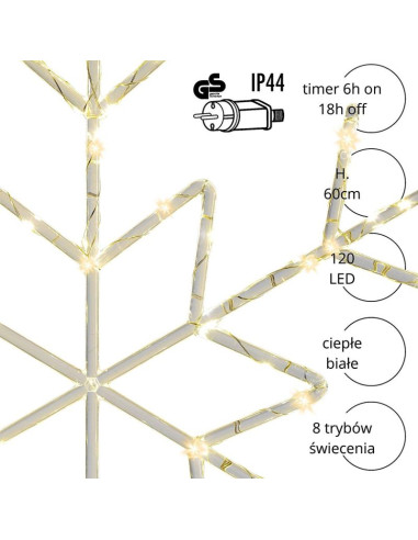 Płatek śniegu dekoracyjny wiszący 120led ciepły biały
