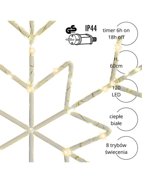 Płatek śniegu dekoracyjny wiszący 120led ciepły biały