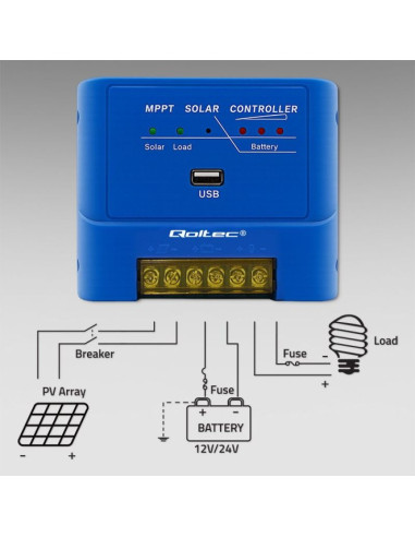 Qoltec regulator ładowania mppt 15a do zasilania odbiorników dc i ładowania akumulatorów 12v/24v | lifepo4