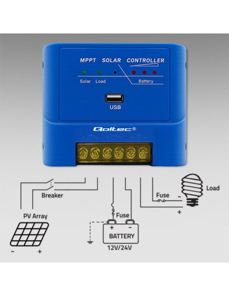 Qoltec regulator ładowania mppt 15a do zasilania odbiorników dc i ładowania akumulatorów 12v/24v | lifepo4