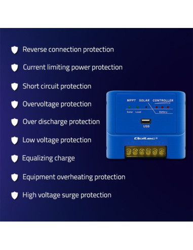 Qoltec regulator ładowania mppt 15a do zasilania odbiorników dc i ładowania akumulatorów 12v/24v | lifepo4
