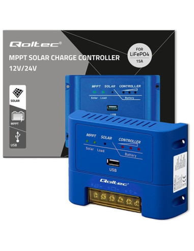 Qoltec regulator ładowania mppt 15a do zasilania odbiorników dc i ładowania akumulatorów 12v/24v | lifepo4