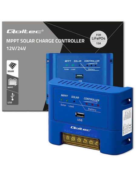 Qoltec regulator ładowania mppt 15a do zasilania odbiorników dc i ładowania akumulatorów 12v/24v | lifepo4