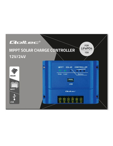 Qoltec regulator ładowania mppt 15a do zasilania odbiorników dc i ładowania akumulatorów 12v/24v | lifepo4