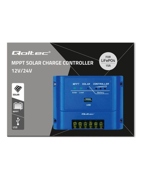 Qoltec regulator ładowania mppt 15a do zasilania odbiorników dc i ładowania akumulatorów 12v/24v | lifepo4
