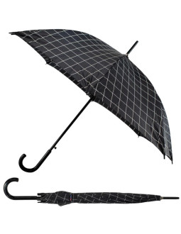 Parasol długi półautomatyczny z zawijaną rączką czarny z białą kratą semi line