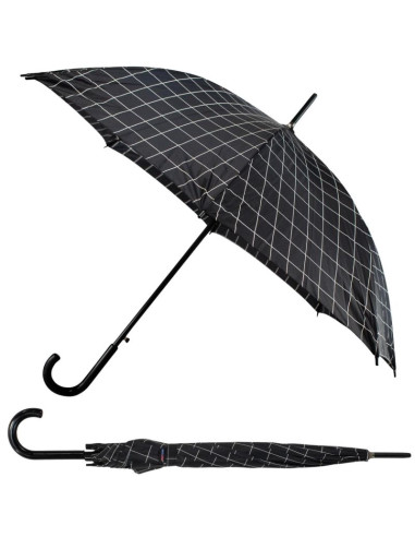 Parasol długi półautomatyczny z zawijaną rączką czarny z białą kratą semi line