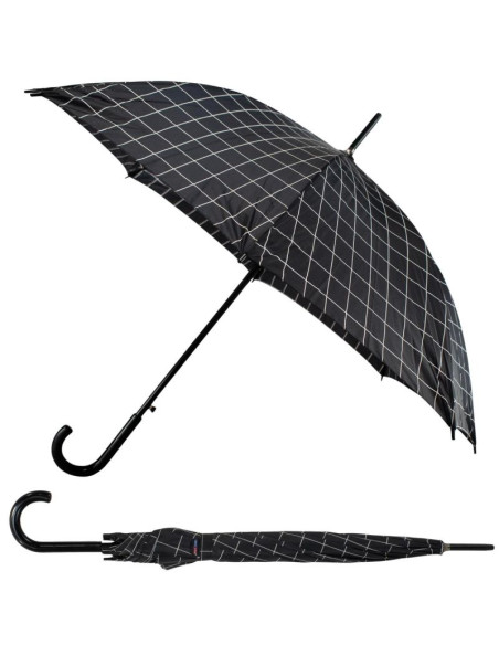 Parasol długi półautomatyczny z zawijaną rączką czarny z białą kratą semi line