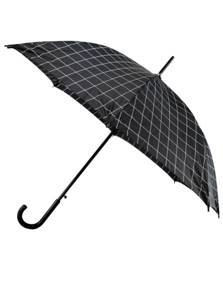 Parasol długi półautomatyczny z zawijaną rączką czarny z białą kratą semi line