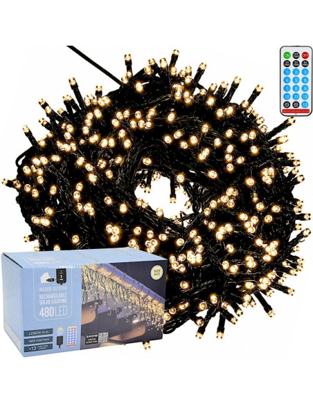 Solarny łańcuch świetlny 480 led 13 funkcji usb ciepły biały
